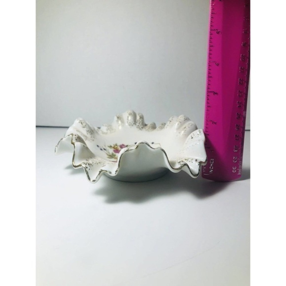 Vintage Candy Dish By Bond Ware L&M - Gold Trimmed Floral Ruffled Dish - Picture 9 of 10